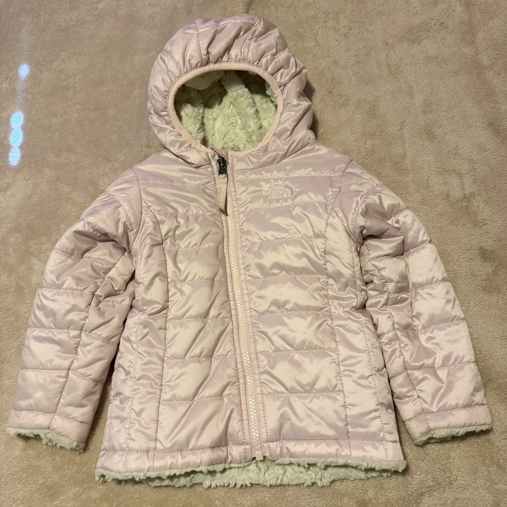 The North Face Light Pink Hooded Puffer Jacket Full Zip Fleece Lined, 18-24M EUC